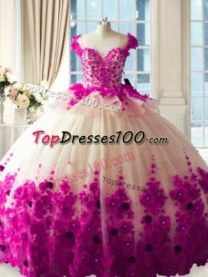 Fuchsia Ball Gowns Scoop Sleeveless Tulle Brush Train Zipper Hand Made Flower Sweet 16 Dress