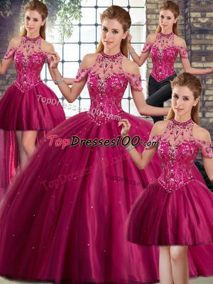 Exquisite Lace Up Vestidos de Quinceanera Fuchsia for Military Ball and Sweet 16 and Quinceanera with Beading Brush Train