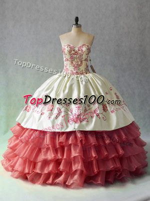 White And Red Sleeveless Satin and Organza Lace Up Ball Gown Prom Dress for Sweet 16 and Quinceanera