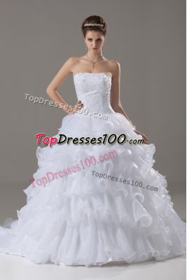 Noble White Wedding Gown Wedding Party with Lace and Ruffled Layers Strapless Sleeveless Brush Train Lace Up