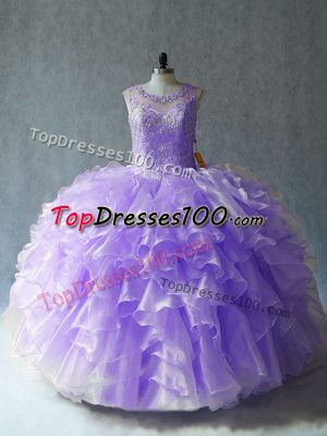 Pretty Floor Length Lavender Sweet 16 Dress Organza Sleeveless Beading and Ruffles