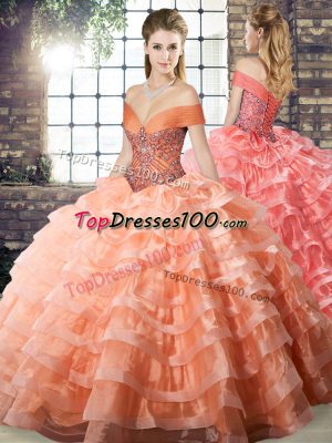 Vintage Peach Ball Gowns Off The Shoulder Sleeveless Organza Brush Train Lace Up Beading and Ruffled Layers 15th Birthday Dress