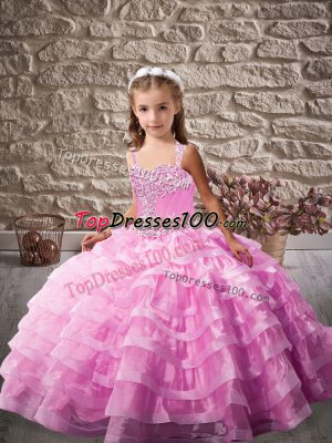 Nice Lilac Lace Up Kids Pageant Dress Beading and Ruffled Layers Sleeveless Brush Train