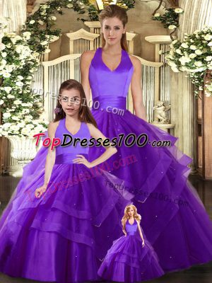 Customized Halter Top Sleeveless Lace Up Quince Ball Gowns Purple Tulle