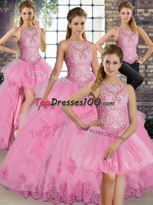 Floor Length Rose Pink Sweet 16 Quinceanera Dress Tulle Sleeveless Lace and Embroidery and Ruffles