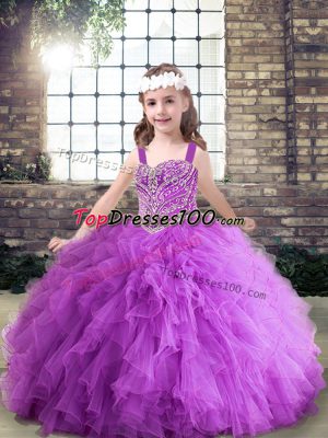 Enchanting Purple Sleeveless Floor Length Beading and Ruching Lace Up Girls Pageant Dresses