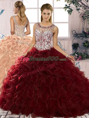 Pretty Burgundy Ball Gowns Organza Scoop Sleeveless Beading and Ruffles Floor Length Lace Up Vestidos de Quinceanera
