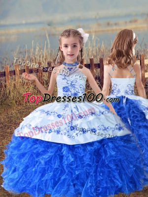 Custom Design Blue And White Sleeveless Floor Length Beading and Embroidery and Ruffles Lace Up Little Girls Pageant Dress
