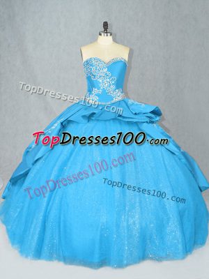 Delicate Baby Blue Sleeveless Court Train Embroidery Ball Gown Prom Dress