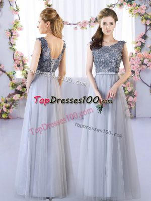Sumptuous Grey Quinceanera Court of Honor Dress Wedding Party with Appliques Scoop Sleeveless Lace Up