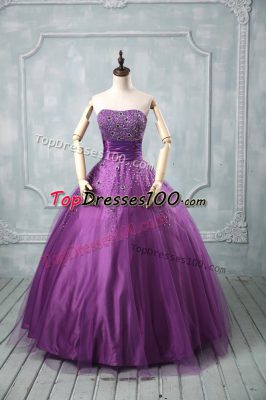 Eggplant Purple and Purple Ball Gowns Strapless Sleeveless Tulle Floor Length Lace Up Beading Vestidos de Quinceanera