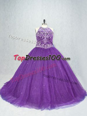 Noble Beading Sweet 16 Dresses Purple Lace Up Sleeveless Brush Train