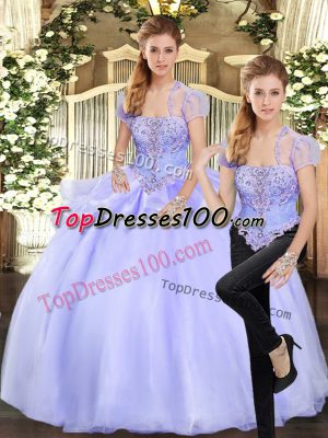 Lavender Organza Lace Up Sweet 16 Dresses Sleeveless Floor Length Beading and Appliques