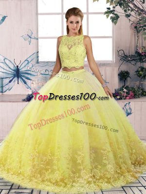 High Quality Yellow Two Pieces Tulle Scalloped Sleeveless Lace Backless Vestidos de Quinceanera Sweep Train