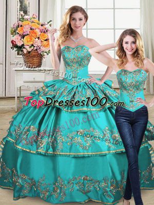 Attractive Sweetheart Sleeveless Organza Ball Gown Prom Dress Embroidery and Ruffled Layers Lace Up