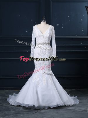 Dramatic V-neck Long Sleeves Brush Train Backless Bridal Gown White Organza