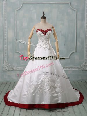 Satin Sweetheart Sleeveless Brush Train Lace Up Beading and Embroidery Wedding Dresses in White