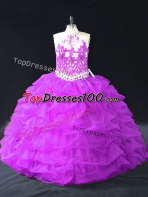 Perfect Purple Organza Backless Quinceanera Dresses Sleeveless Floor Length Beading and Pick Ups