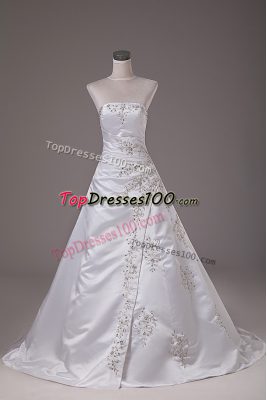 White Lace Up Strapless Beading Wedding Dress Satin Sleeveless Brush Train