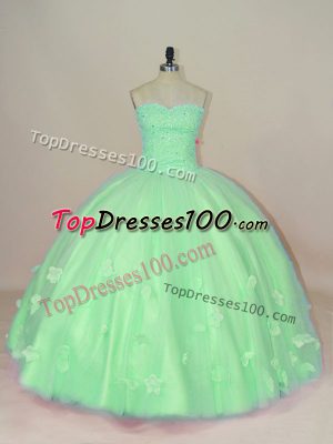 Custom Made Floor Length Green Quinceanera Gown Tulle Sleeveless Hand Made Flower
