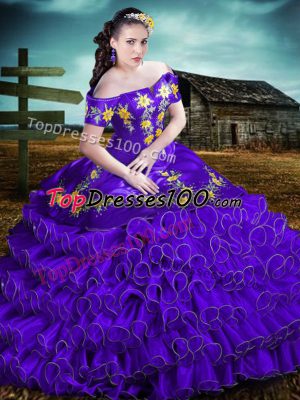 Most Popular Purple Off The Shoulder Neckline Embroidery and Ruffles Ball Gown Prom Dress Sleeveless Lace Up