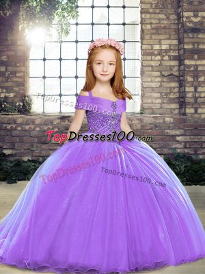 Tulle Straps Sleeveless Brush Train Lace Up Beading Winning Pageant Gowns in Lavender