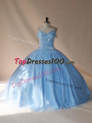 New Style Blue and Light Blue Tulle Lace Up V-neck Sleeveless Sweet 16 Quinceanera Dress Brush Train Beading
