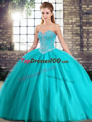 Glorious Beading Sweet 16 Quinceanera Dress Aqua Blue Lace Up Sleeveless Brush Train