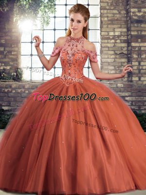 Latest Lace Up Quince Ball Gowns Rust Red for Military Ball and Sweet 16 and Quinceanera with Beading Brush Train