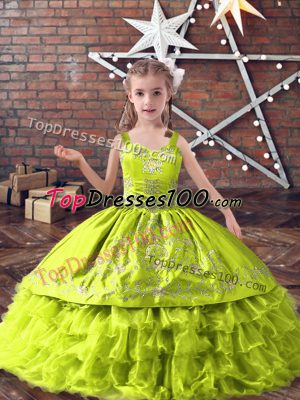 Yellow Green Ball Gowns Embroidery and Ruffled Layers Kids Formal Wear Lace Up Satin and Organza Sleeveless Floor Length