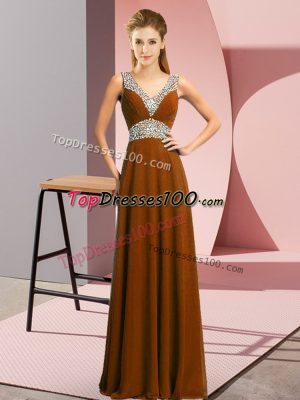 Fitting Chiffon V-neck Sleeveless Lace Up Beading Custom Made in Brown