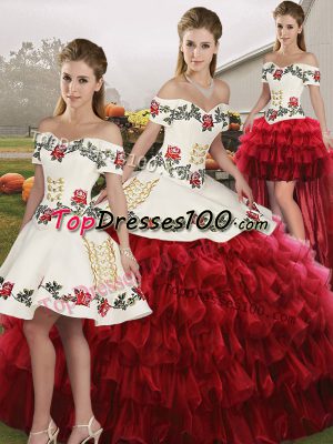 Wine Red Ball Gowns Embroidery and Ruffled Layers Quinceanera Dresses Lace Up Organza Sleeveless Floor Length