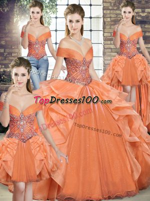Orange Ball Gowns Beading and Ruffles Sweet 16 Quinceanera Dress Lace Up Organza Sleeveless Floor Length