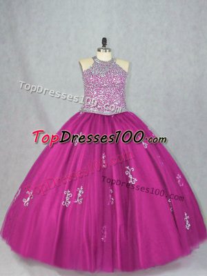 Halter Top Sleeveless Tulle Quince Ball Gowns Beading and Appliques Lace Up