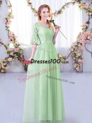 Apple Green Tulle Side Zipper Scoop Half Sleeves Floor Length Court Dresses for Sweet 16 Lace and Belt