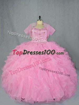 Delicate Sweetheart Sleeveless Quinceanera Gowns Floor Length Beading and Ruffles Baby Pink Organza