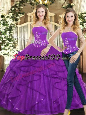 Purple Two Pieces Strapless Sleeveless Tulle Floor Length Lace Up Beading and Ruffles 15 Quinceanera Dress