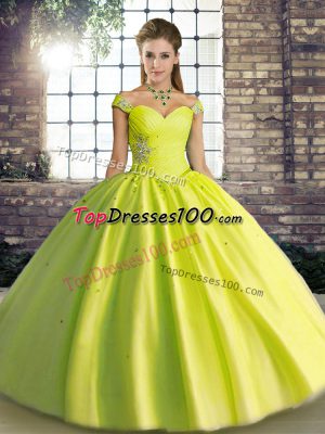 Excellent Yellow Green Lace Up Sweet 16 Quinceanera Dress Beading Sleeveless Floor Length