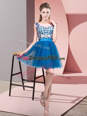 Blue Zipper Bridesmaids Dress Lace Sleeveless Mini Length
