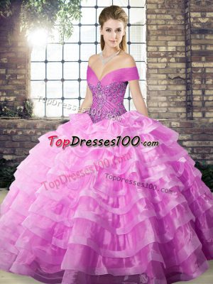 Lilac Ball Gowns Beading and Ruffled Layers 15th Birthday Dress Lace Up Organza Sleeveless