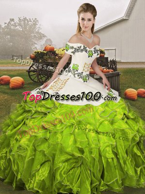Glittering Olive Green Ball Gown Prom Dress Military Ball and Sweet 16 and Quinceanera with Embroidery and Ruffles Off The Shoulder Sleeveless Lace Up