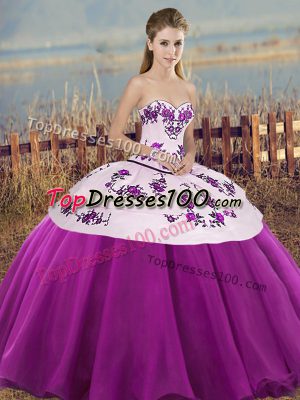 Free and Easy Floor Length White And Purple 15 Quinceanera Dress Tulle Sleeveless Embroidery and Bowknot
