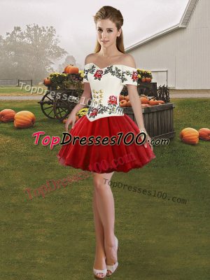 Exceptional Sleeveless Tulle Mini Length Lace Up Juniors Party Dress in Wine Red with Embroidery