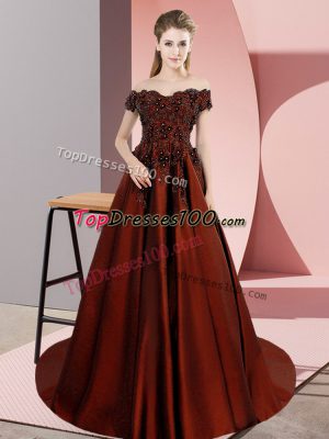 Off The Shoulder Sleeveless Court Train Zipper Quinceanera Gown Rust Red Satin