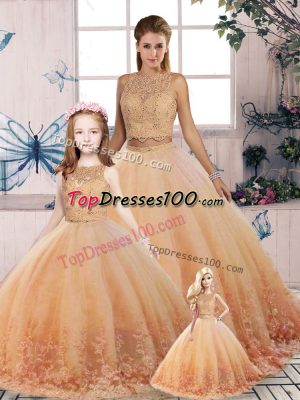 Sophisticated Peach Sleeveless Tulle Sweep Train Backless Quinceanera Gown for Military Ball and Sweet 16 and Quinceanera