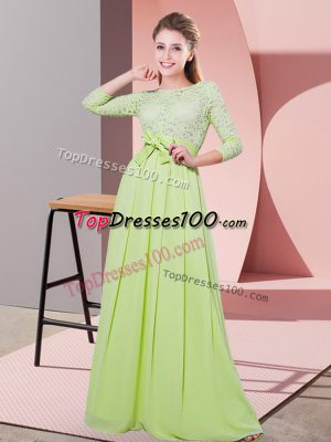 Chic 3 4 Length Sleeve Chiffon Floor Length Side Zipper Wedding Party Dress in Yellow Green with Lace and Belt