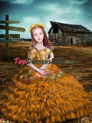 Brown Ball Gowns Off The Shoulder Short Sleeves Organza Floor Length Lace Up Embroidery and Ruffled Layers Little Girl Pageant Gowns