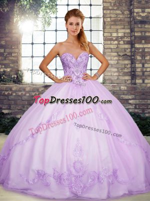 Superior Lavender Ball Gowns Sweetheart Sleeveless Tulle Floor Length Lace Up Beading and Embroidery Sweet 16 Dresses