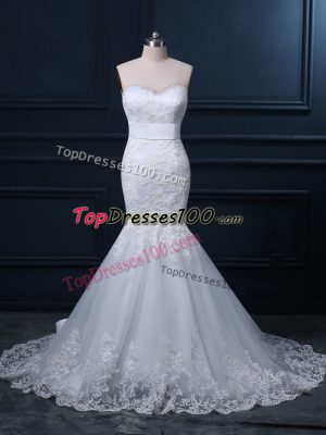 White Mermaid Sweetheart Sleeveless Tulle Brush Train Zipper Lace Wedding Gown