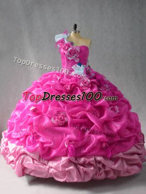 Organza One Shoulder Sleeveless Lace Up Pick Ups and Hand Made Flower Quinceanera Gown in Fuchsia